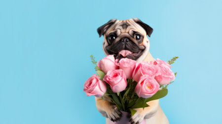 Dog with a bouquet of flowers on a blue backgroundの写真素材