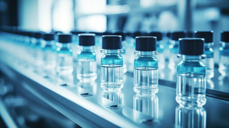 Medical bottles close-up. Production of medicines in ampoulesの写真素材