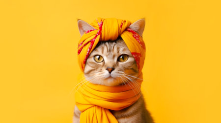 Cute cat in a scarf in a turban on a yellow backgroundの写真素材