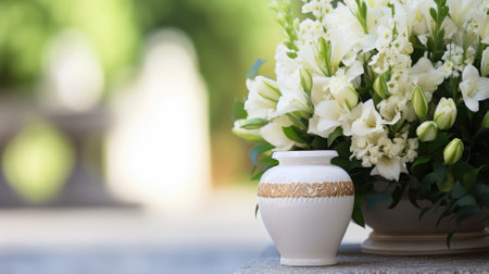 A white urn for ashes with flowers stands in a cemeteryの写真素材