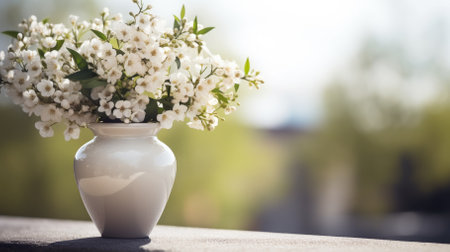 A white urn with flowers stands in a cemeteryの写真素材