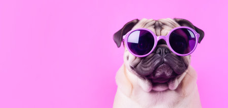 Cute pug with glasses on a purple background with copyspaceの写真素材