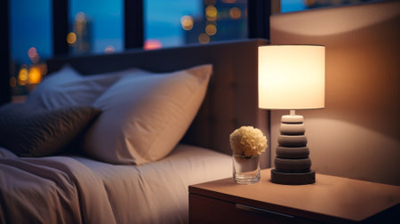 Close-up of a bright table lamp near the bedの写真素材