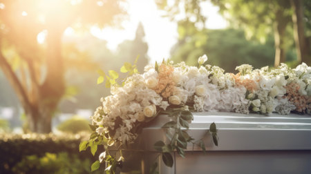 Close-up of a coffin in a cemetery before a funeralの写真素材