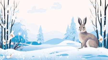 Illustration of a cute hare sits in a snowdrift against the backdrop of a beautiful winter landscape. High quality photoの素材