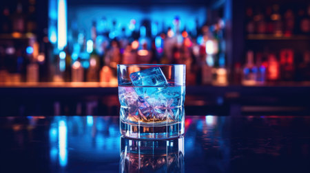 Alcoholic cocktail with ice on the bar counterの写真素材