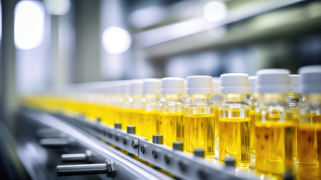 Medical bottles close-up. Production of medicines in ampoulesの写真素材