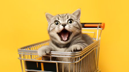 Cheerful cat in a supermarket trolley on a yellow background.の写真素材