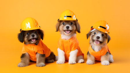 Three cheerful dogs. Dog in a construction helmet on an orange backgroundの写真素材