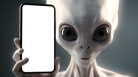 Alien holding mobile phone mockupの写真素材