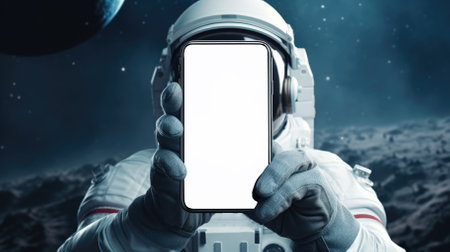 Astronaut holding mobile phone mockup