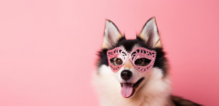 Cheerful dog in a masquerade mask on a pink background with copyspace. High quality photoの素材