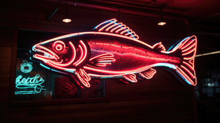Closeup fish neon sign outdoors. High quality photoの素材