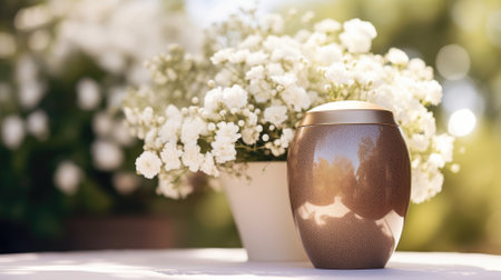 A brown urn with flowers stands in a cemeteryの写真素材