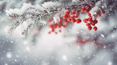 Snowy Christmas tree with rowan branches on a winter background with copyspace close-up. High quality photoの素材