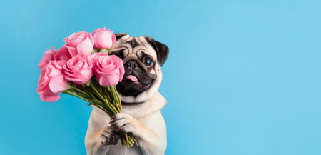 Dog with a bouquet of flowers on a blue backgroundの写真素材