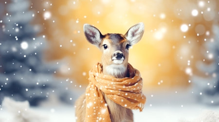 Christmas deer in a scarf on a winter background. Place for text, copyspace. High quality photoの素材