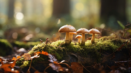 Mushrooms in the autumn forest after the rain close-up