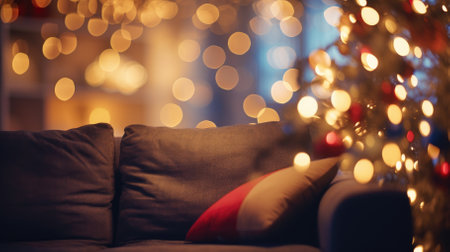 Cozy sofa with a blanket by the window with decorated in Christmas style with bokeh. High quality photoの素材