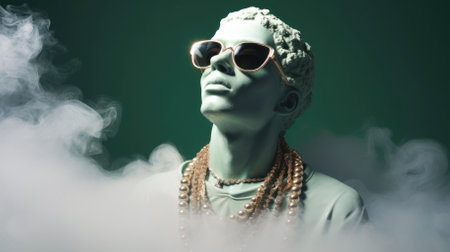 Plaster bust of a man with glasses on a green background. High quality photoの写真素材