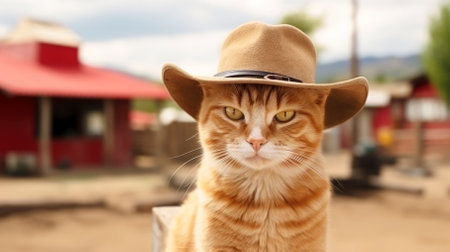 Ginger cat in a cowboy hat close-up. High quality photoの素材