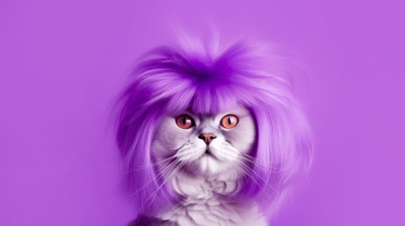 Funny cat in a wig on a purple backgroundの写真素材