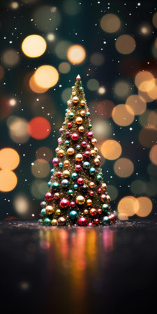 A Christmas tree decorated with colorful Christmas balls against a festive bokeh background with copyspace. High quality photoの素材