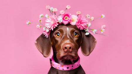 Dog with a wreath of flowers on a pink backgroundの写真素材