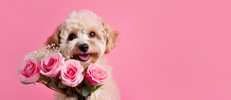 Dog with a bouquet of flowers on a pink backgroundの写真素材