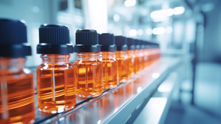 Medical bottles close-up. Production of medicines in ampoulesの写真素材