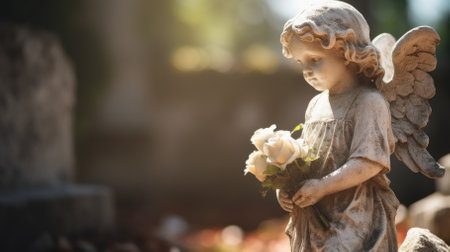 Stone angel with flowers in a cemeteryの写真素材