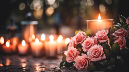 Funeral flowers and candles near the memorial