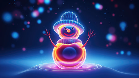 Festive neon snowman on dark background. High quality photoの素材