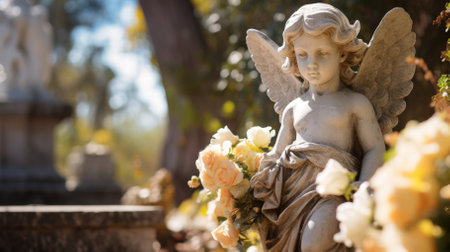 Stone angel with flowers in a cemeteryの写真素材
