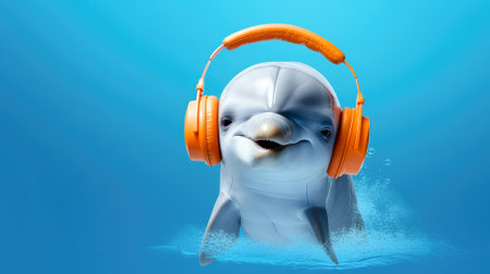 Cartoon cheerful dolphin wearing headphones listening to musicの写真素材