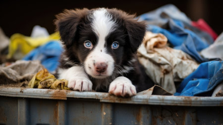 Homeless abandoned puppy in a landfill looking for food. High quality photoの素材