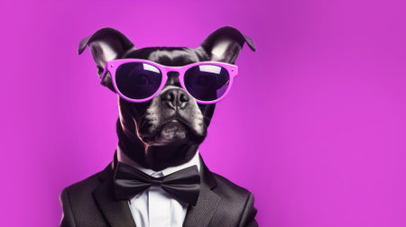 Serious dog in a suit and glasses on a purple background with copyspaceの写真素材