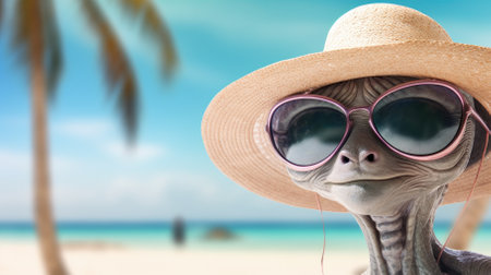 Cute alien in a straw hat relaxing on the beach. High quality photoの素材