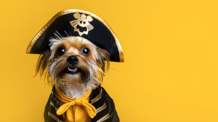 Dog in a pirate costume on a yellow background, copyspace, space for text. High quality photoの素材