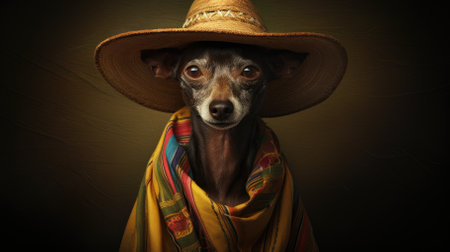 Cute dog in Mexican hat on dark background. High quality photoの素材