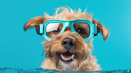 Cheerful dog wearing diving goggles on a turquoise backgroundの写真素材