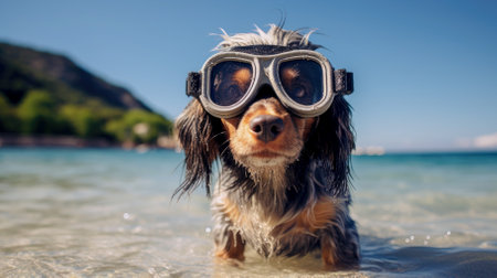 Wet dog on the beach wearing diving gogglesの写真素材