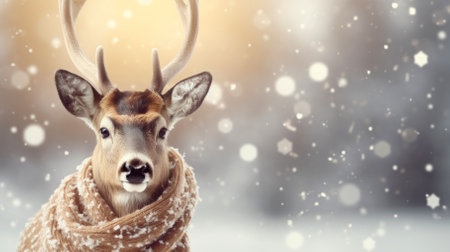 Christmas deer in a scarf on a winter background. Place for text, copyspace. High quality photoの素材