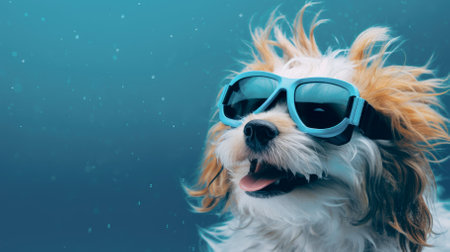 Cheerful dog wearing diving goggles on a blue background with copyspaceの写真素材