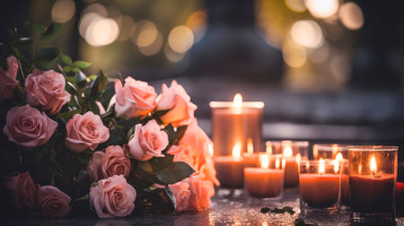 Funeral flowers and candles near the memorialの写真素材