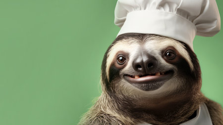 Funny sloth in a chefs hat on a green background with copyspace