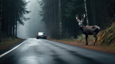 Deer crosses the road in front of a car