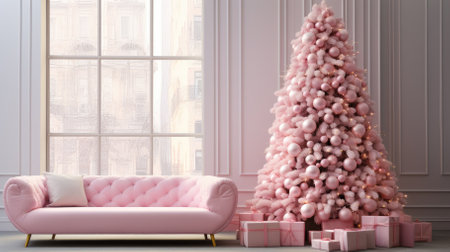 Pink decorated Christmas tree with gifts in a pink room. High quality photoの素材