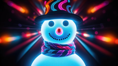 Festive neon snowman on dark background. High quality photoの素材