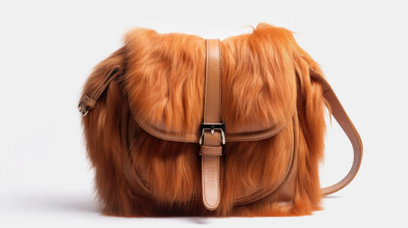 Stylish brown women's fluffy bag on a light background. High quality photoの素材